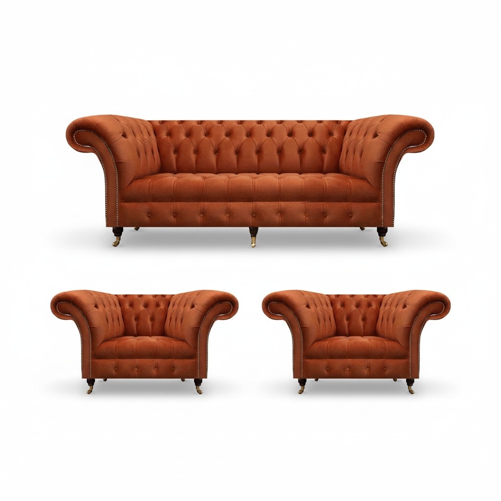 Living room brown Chesterfield set 2x armchairs 3-seater 3-piece