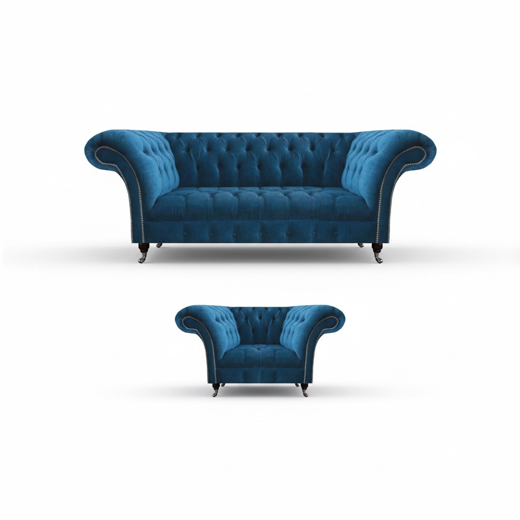 Living room Chesterfield blue sofa set fabric furniture upholstered couches