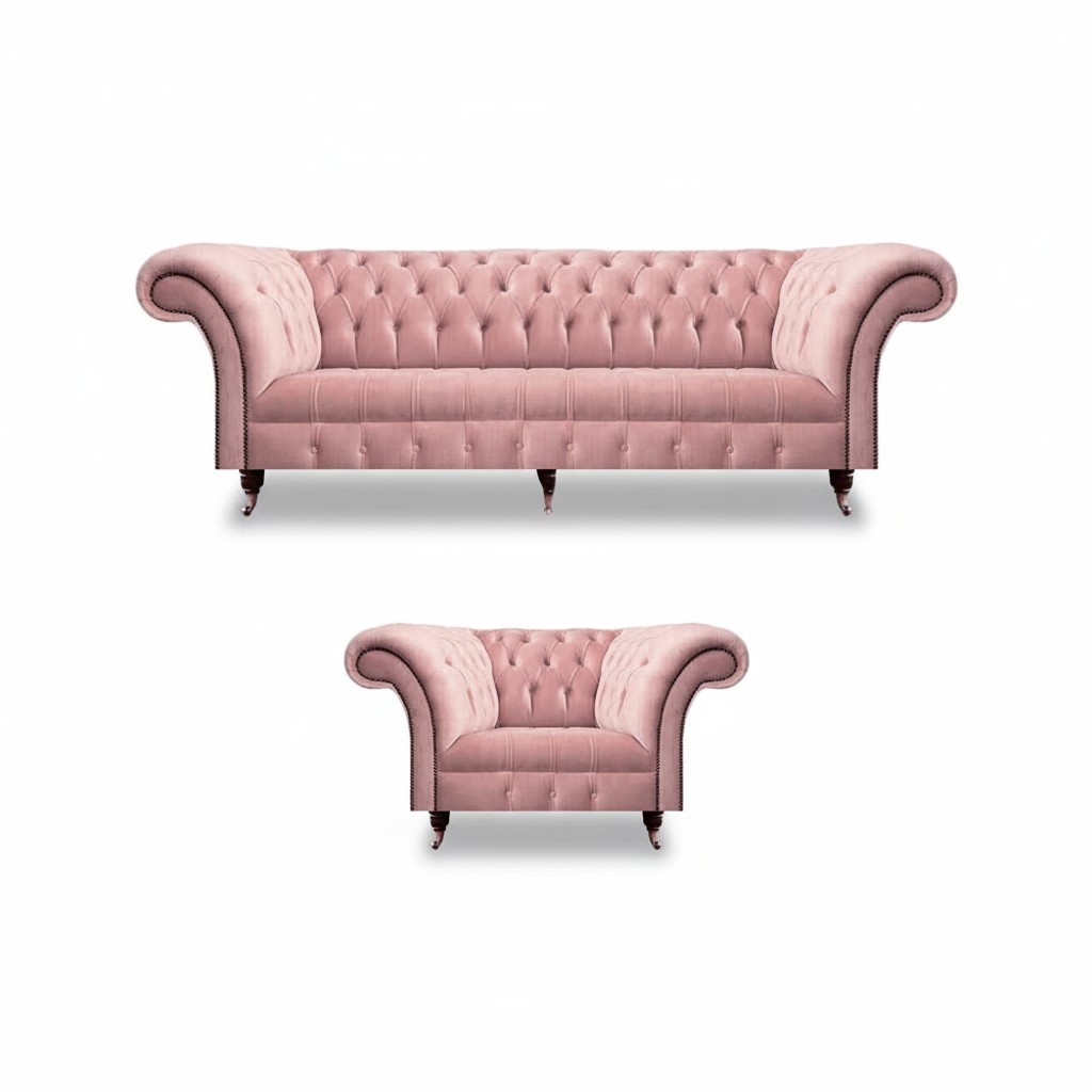 Living room Chesterfield sofa couch three-seater upholstered furniture armchair pink complete