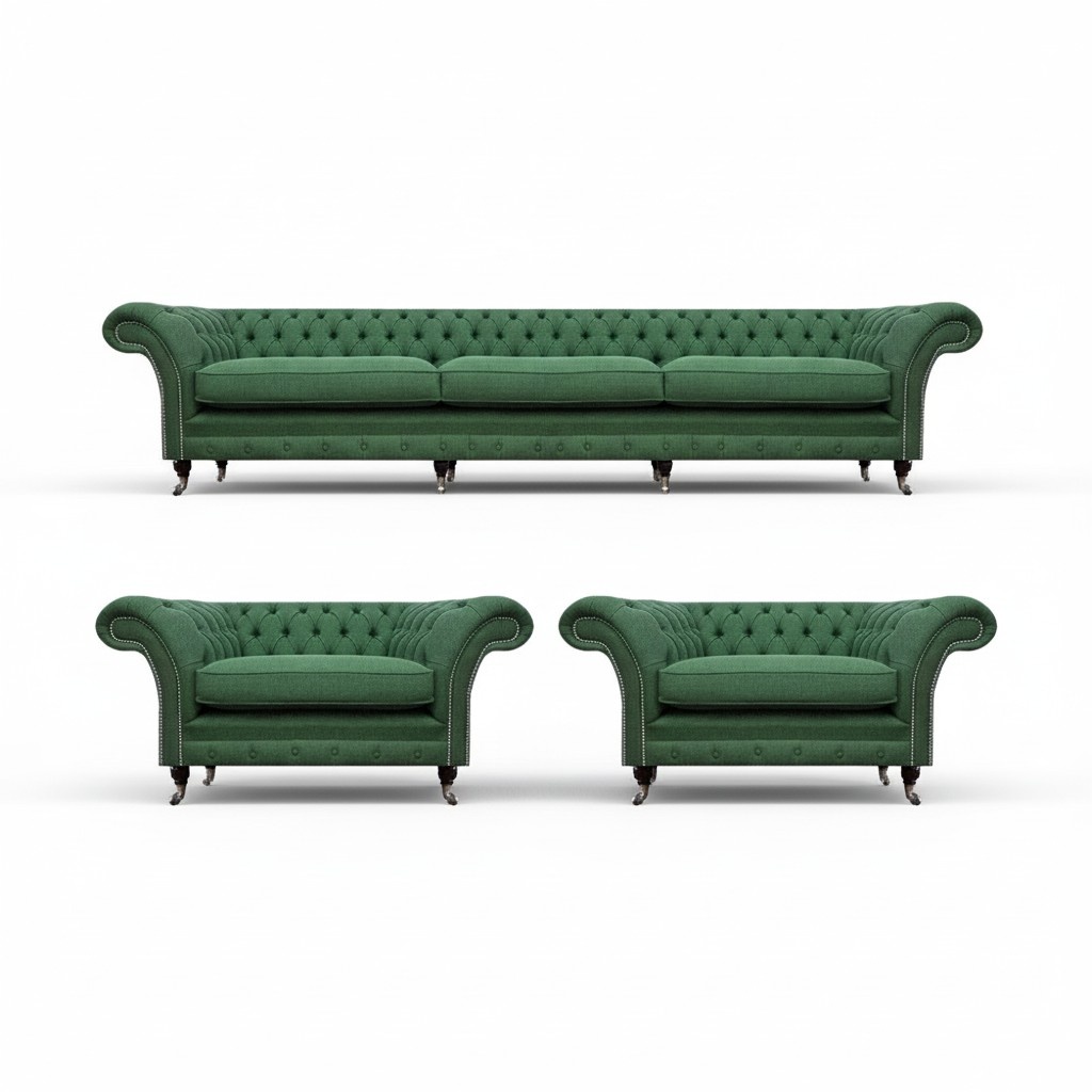 Living room Chesterfield set green 3-seater 2x armchairs 3-piece elegant set