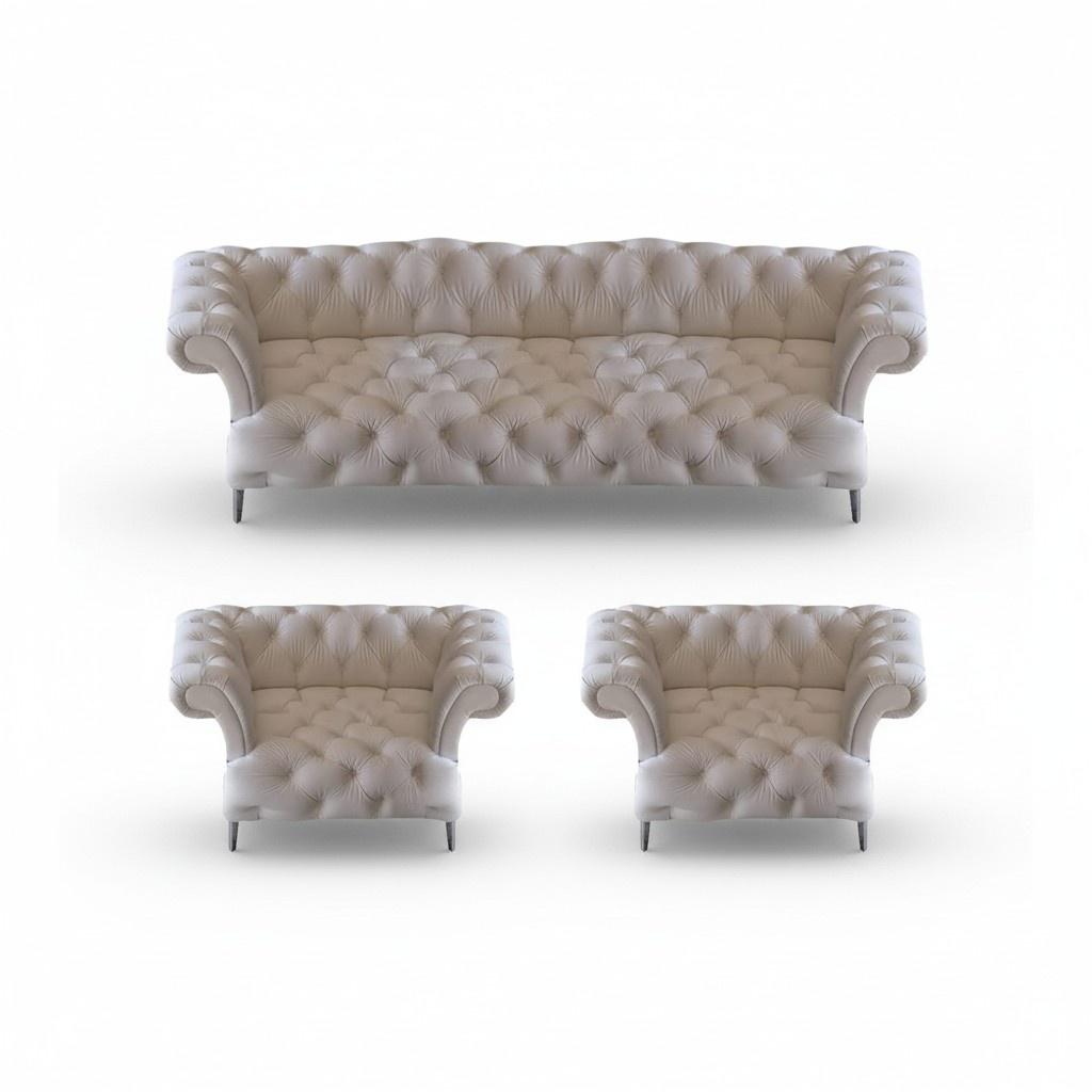 Living Room Chesterfield White 3-piece Set Modern Design Upholstered Furniture Leather New