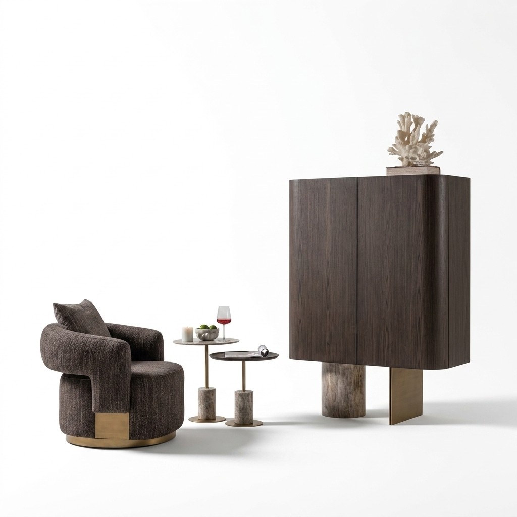 Living room complete armchair side tables 4pcs fabric brown wood bar