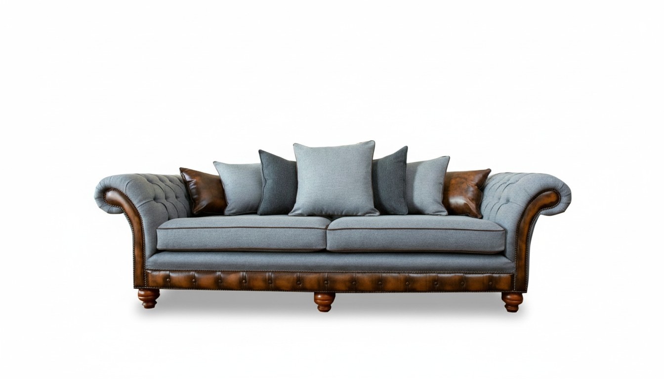 Living room furniture fabric textile gray Chesterfield three-seater sofa couch upholstery