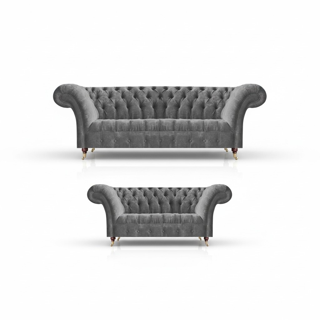 Living Room Gray Chesterfield Sofas Complete Set 3-Seater Two-Seater