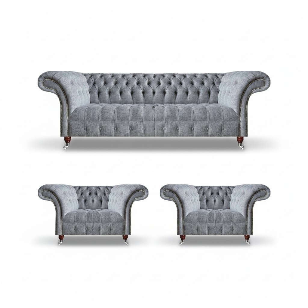 Living room gray sofa set 3-piece Chesterfield upholstered sofa design furniture