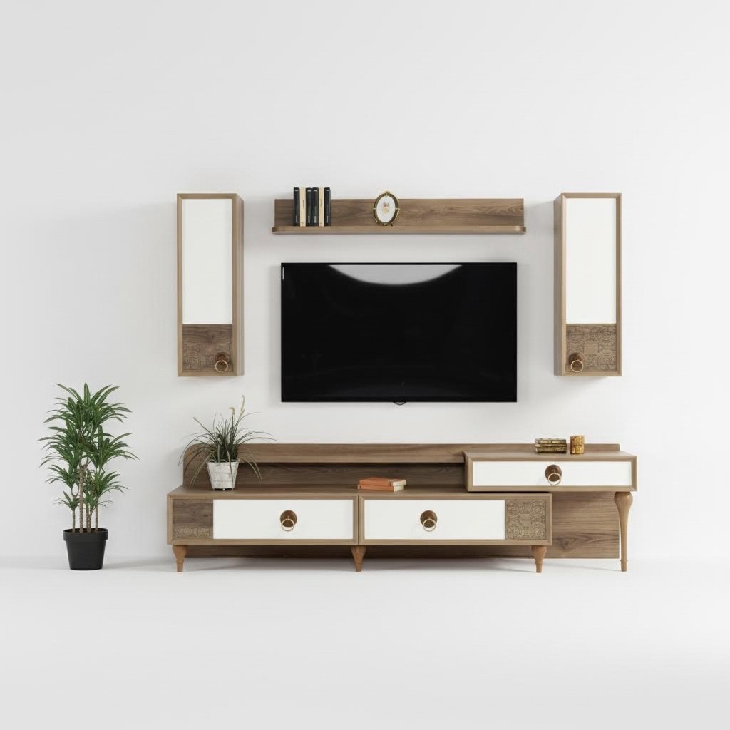 Living room wall unit rtv lowboard wood brown furniture tv modern