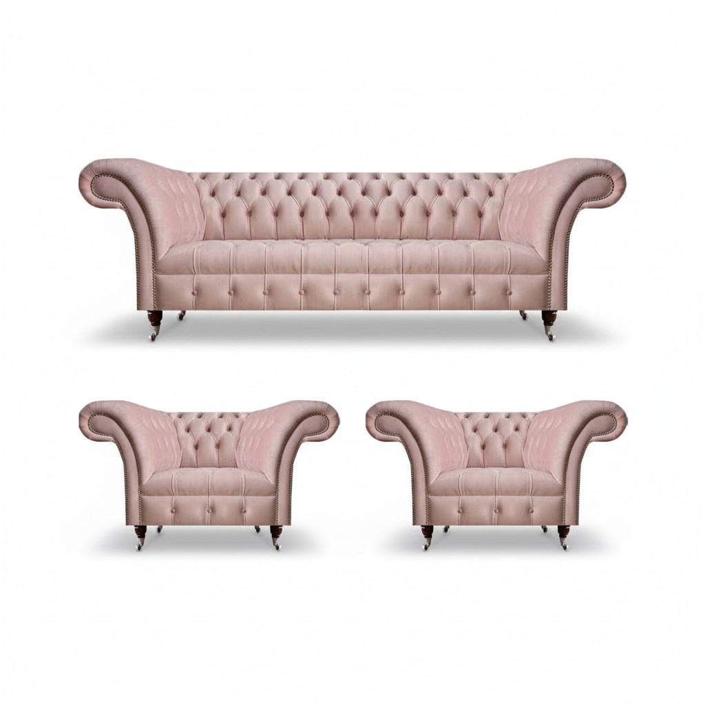 Living room pink Chesterfield set 2x armchairs designer textile 3-seater