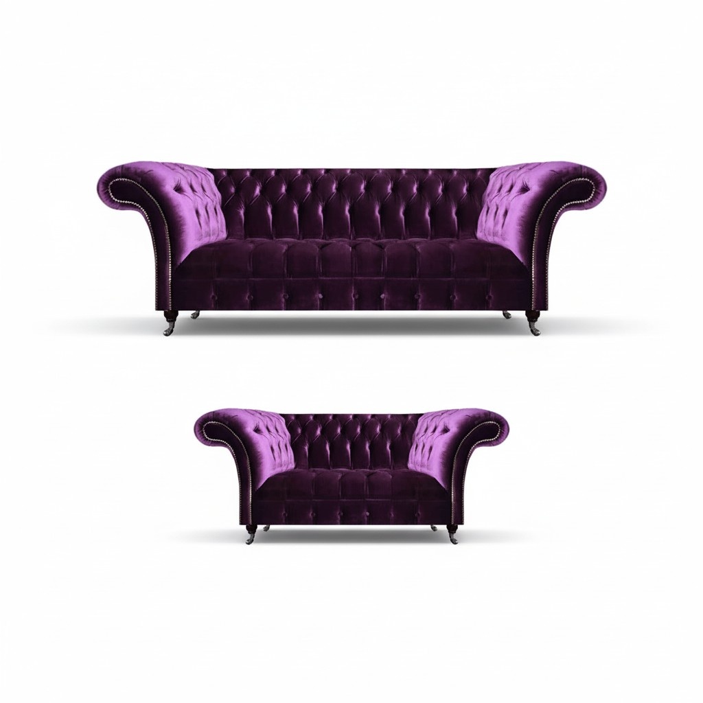 Living Room Purple Chesterfield Sofa Set Modern Fabric Couches 2-piece