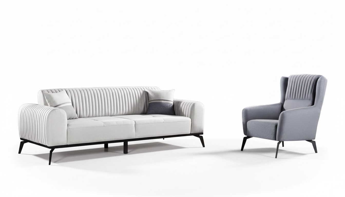 Living room set 2-piece 3-seater sofa armchair grey textile 3+1 ensemble modern