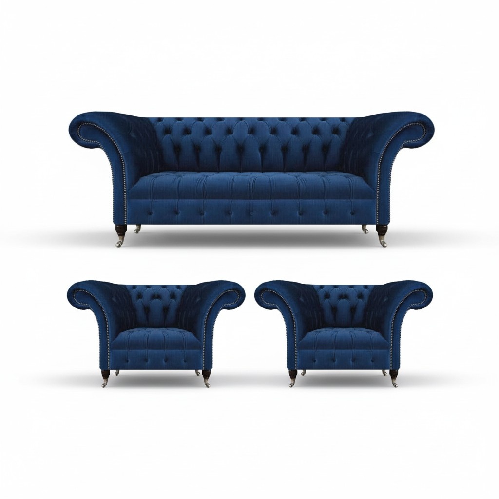 Living Room Set 3-piece Luxury Chesterfield Suite Blue Upholstered Seat Chesterfield