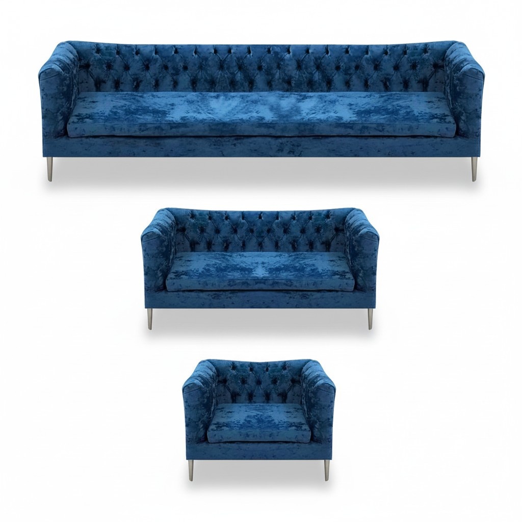 Living Room Set 3-piece Modern Blue Design Textile Fabric Chesterfield Sofa Complete