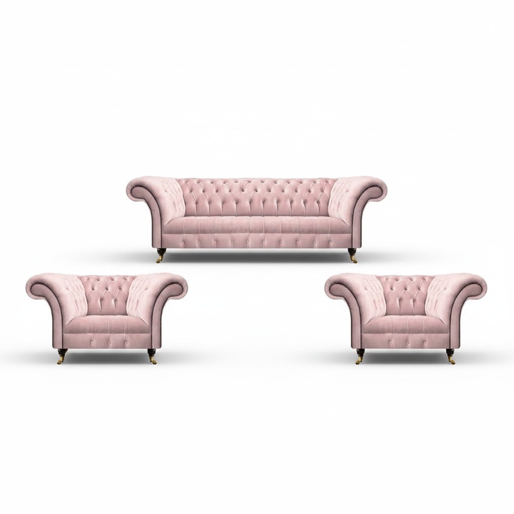 Living room set 3pcs sofa three seats pink complete 2x armchair Chesterfield