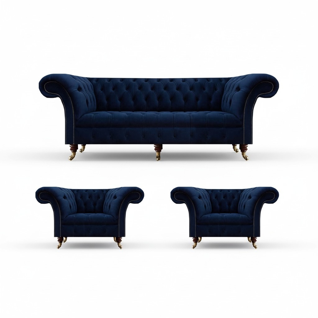 Living room set 3-piece Chesterfield blue luxury three-seater sofa 2x armchairs new