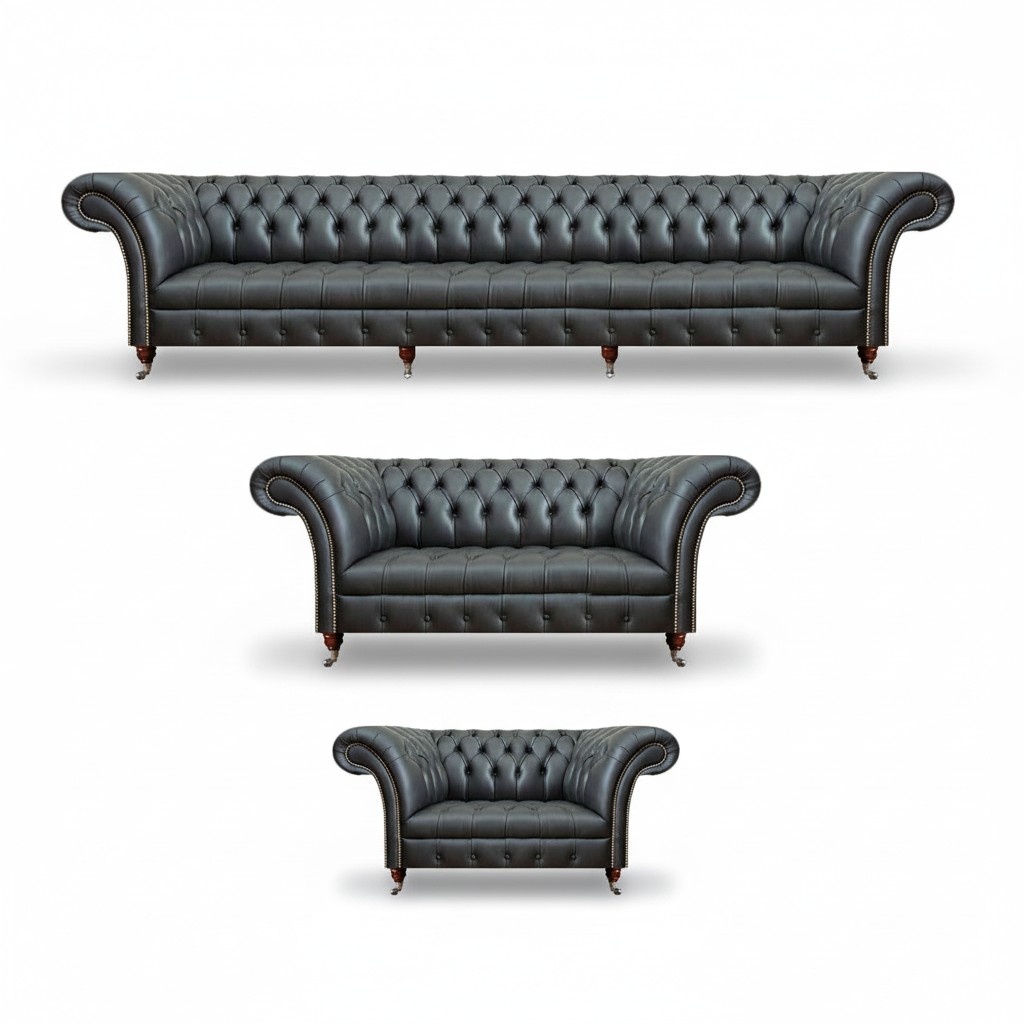 Living room set 3 pieces leather 2x sofas black armchair upholstered furniture Chesterfield