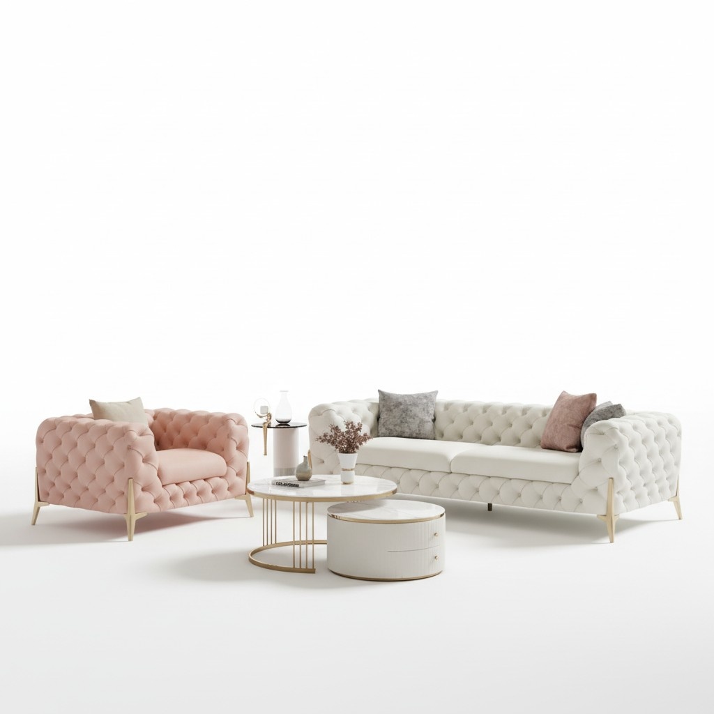 Living room set design Chesterfield sofa set leather seat upholstery 2 pieces