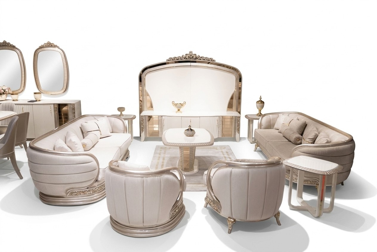 Living room set made of wood and textile in beige, modern, stylish.