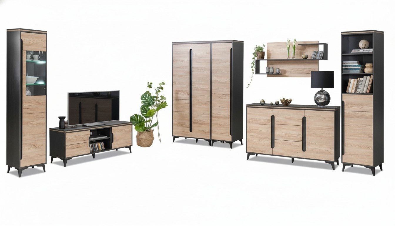 Living Room Set Living Wall Display Cabinet Chest of Drawers Table RTV Showcases Complete 7pcs Set New