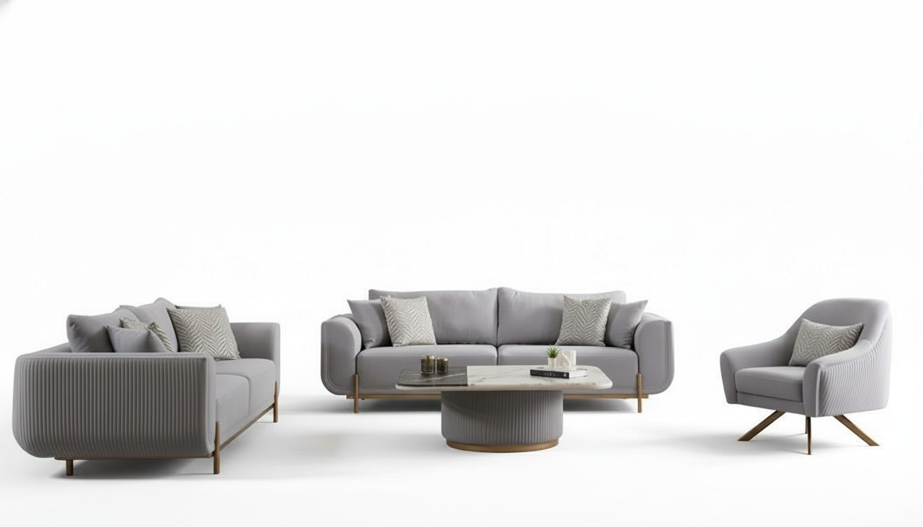 Living Room Set Sofa 3-Seater Coffee Table Armchair Beige Gold Stainless Steel