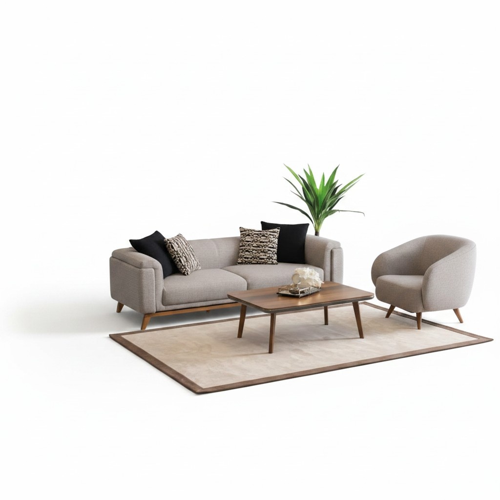 Living room set sofa 3-seater couch coffee table seating group textile beige