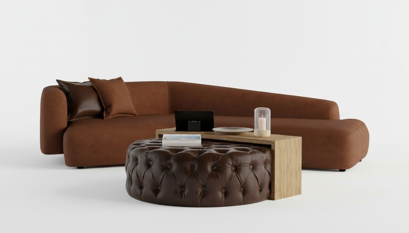 Living room set with sofa, coffee table, and ottoman in modern design.