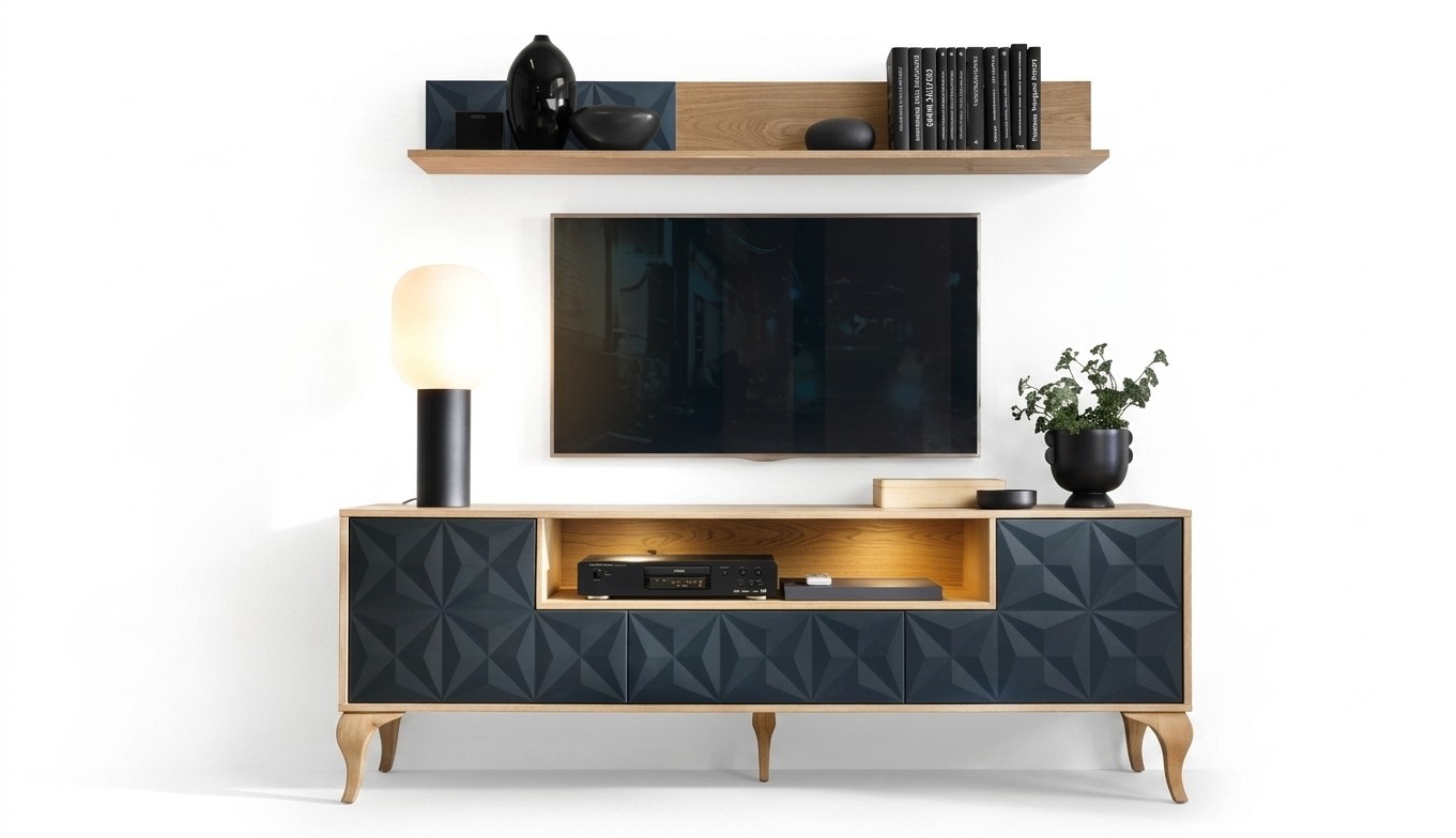 Living Room Set TV Lowboard Luxurious Media Furniture Wood Wall Shelf