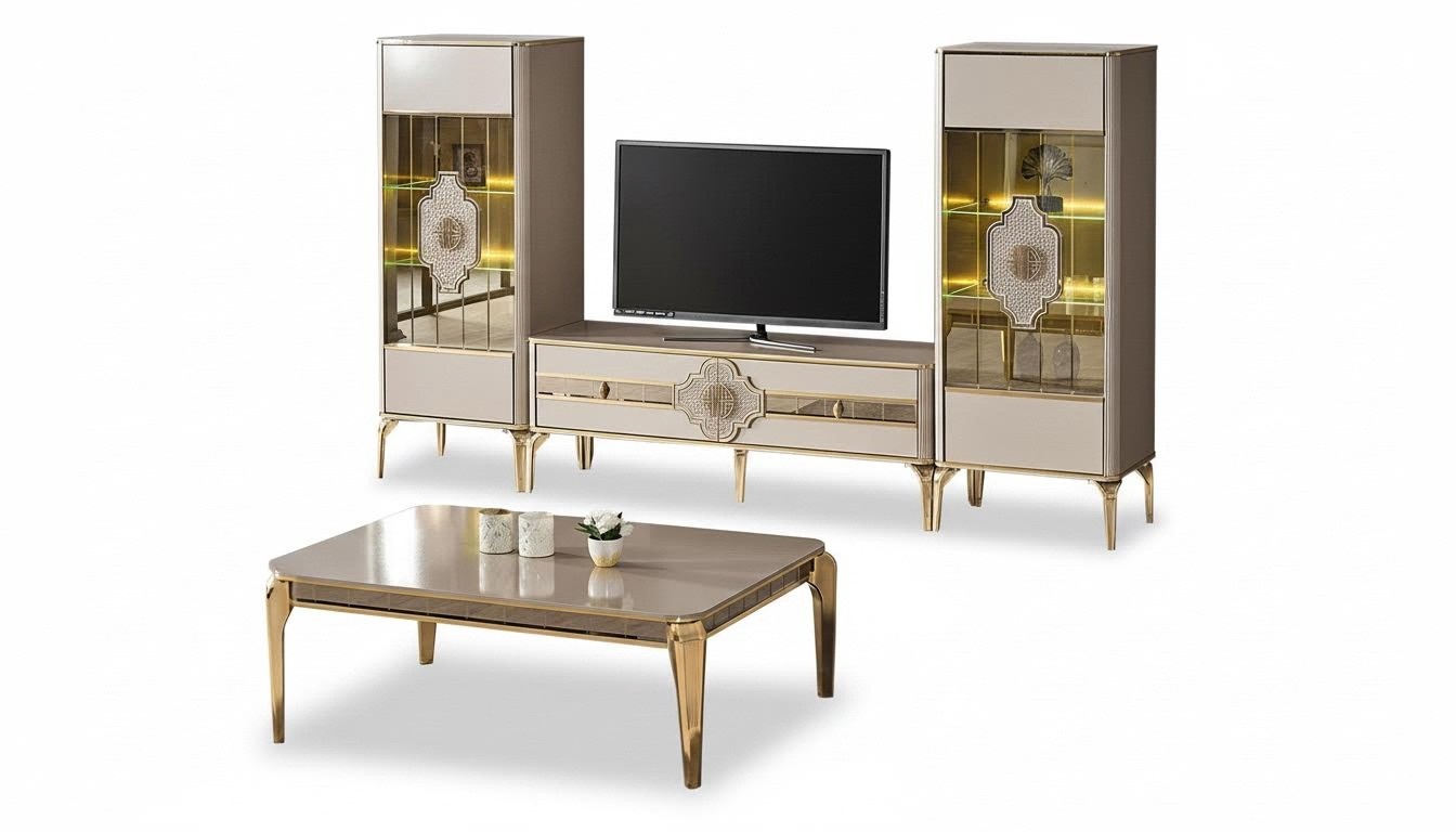 Living room set TV stand display cabinet coffee table cupboard beige 4 pieces