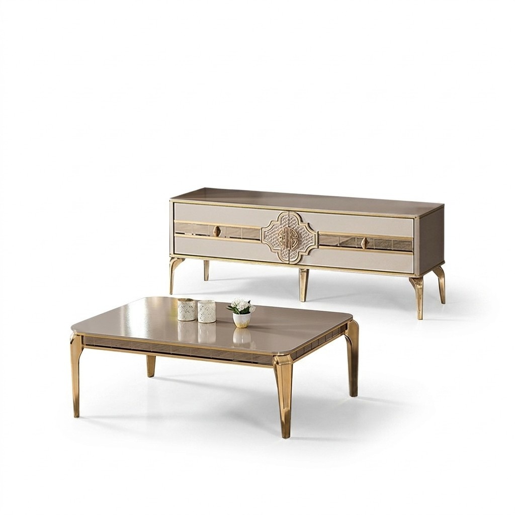 Living room set TV stand coffee table sideboard beige RTV lowboard 2-piece