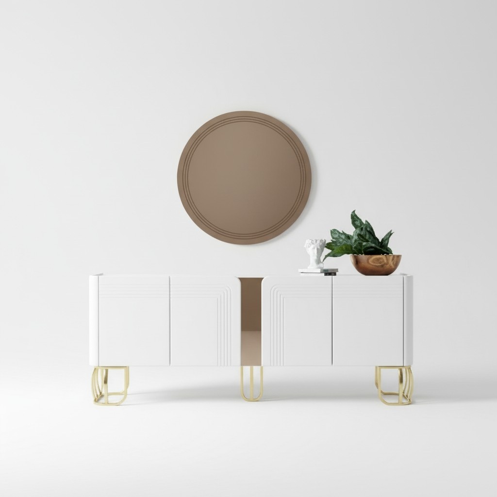 Living room sideboard mirror set luxury modern wood white 2 pcs.