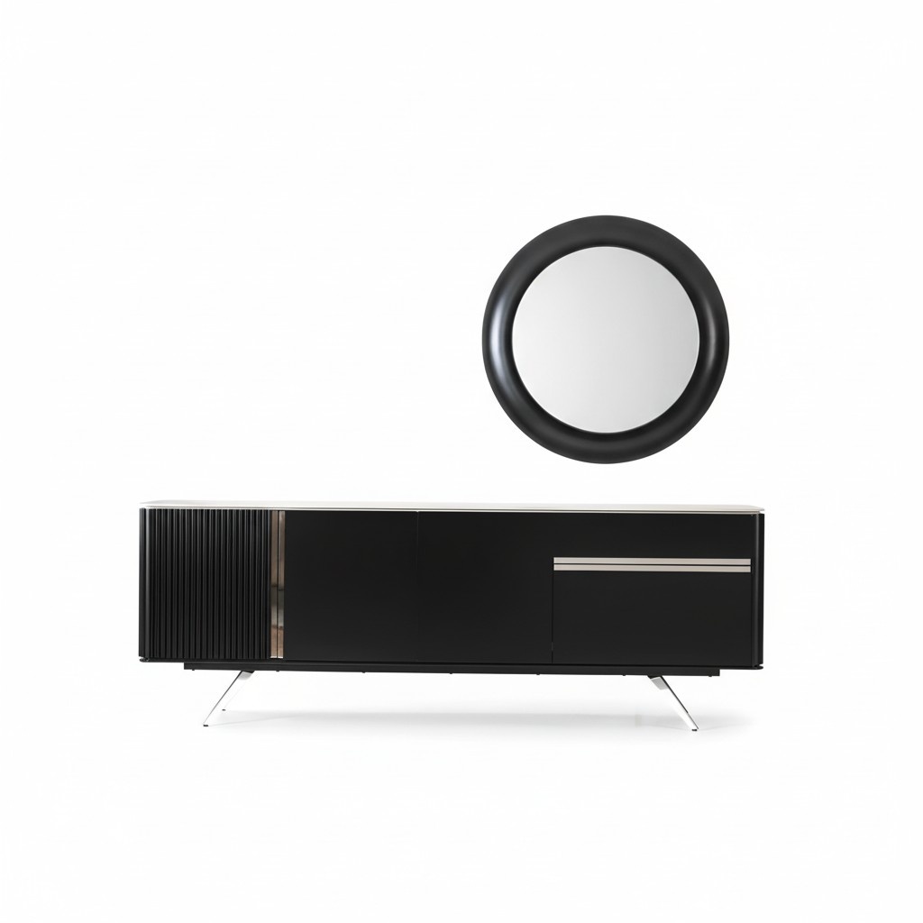 Living Room Sideboard Mirror Wood with Metal Style Black