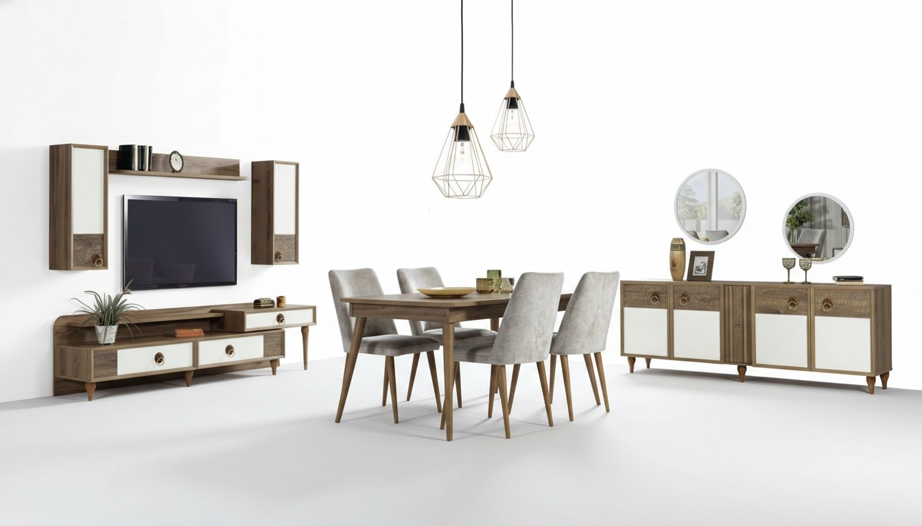 Living room sideboard with mirror set wood brown new modern luxury