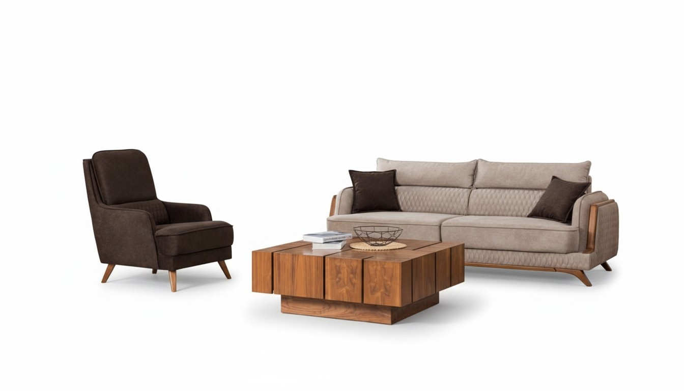 Living Room Sofa Armchair Set Modern Design Beige Brown Wooden Legs Upholstery 3+1