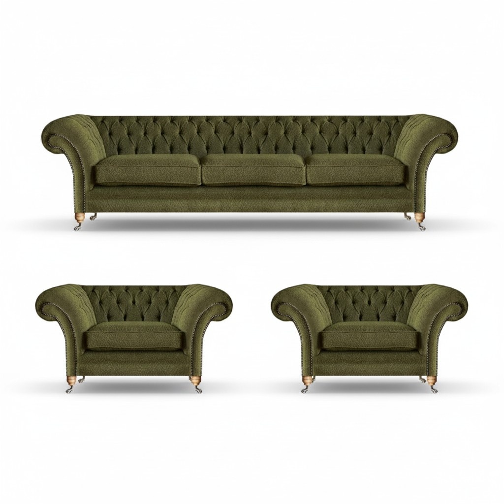 Living room sofa set 3 pieces green fabric three-seater sofa 2x Chesterfield armchairs