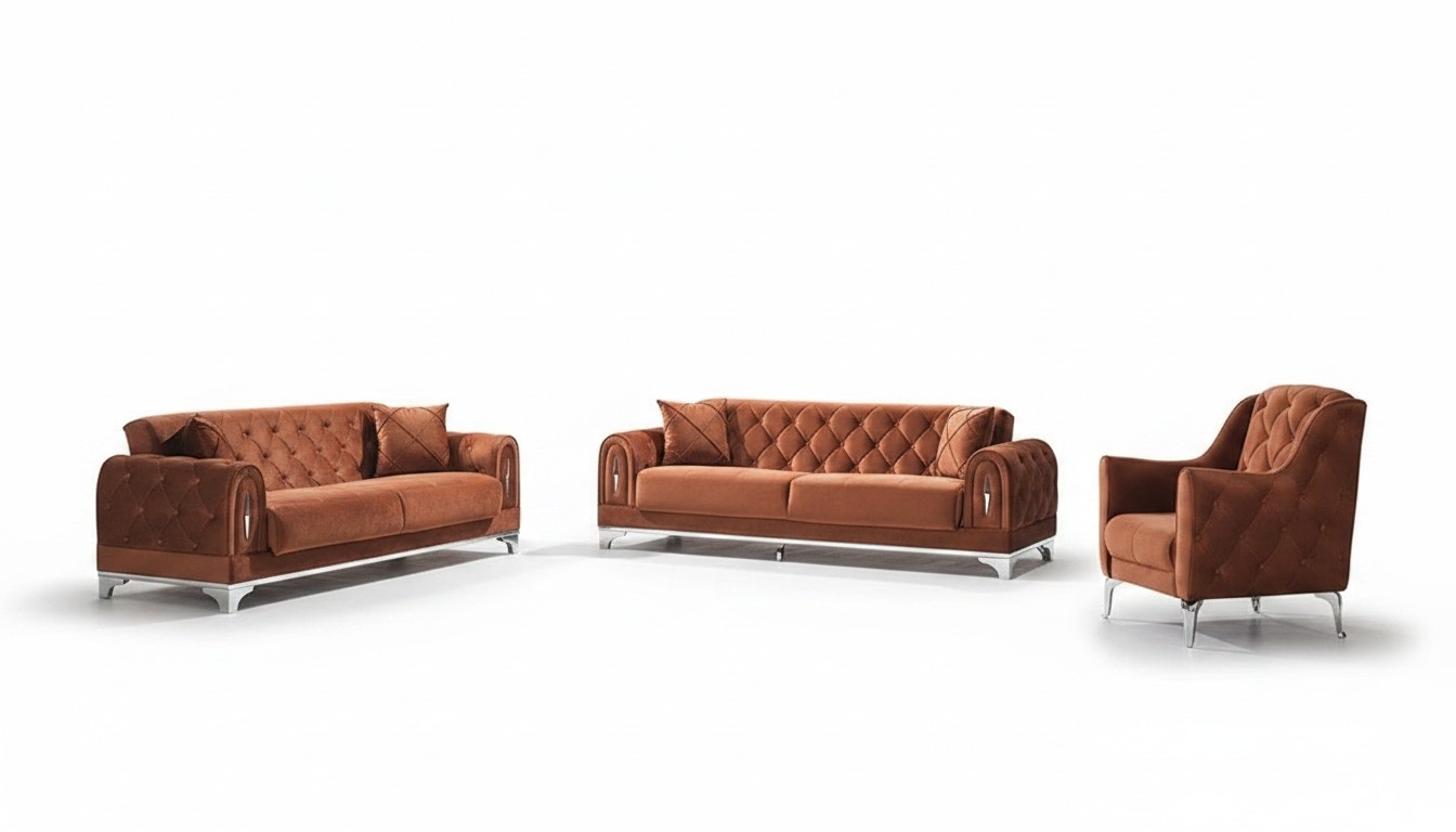 Living Room Sofa Set 3-piece Upholstered Furniture Chesterfield Brown 3+3+1 Seater