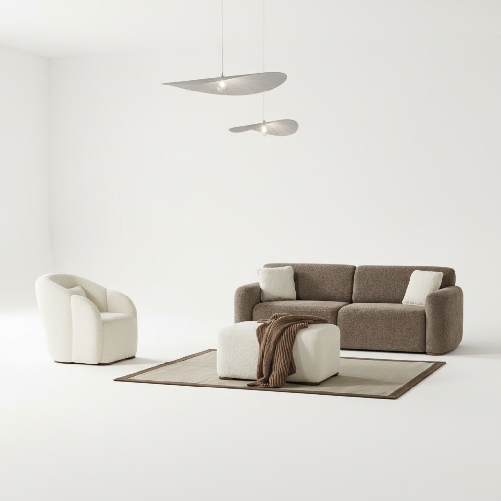 Living Room Sofa Three-Seater Puff Armchair Gray White Sofa Set Textile 3-piece.
