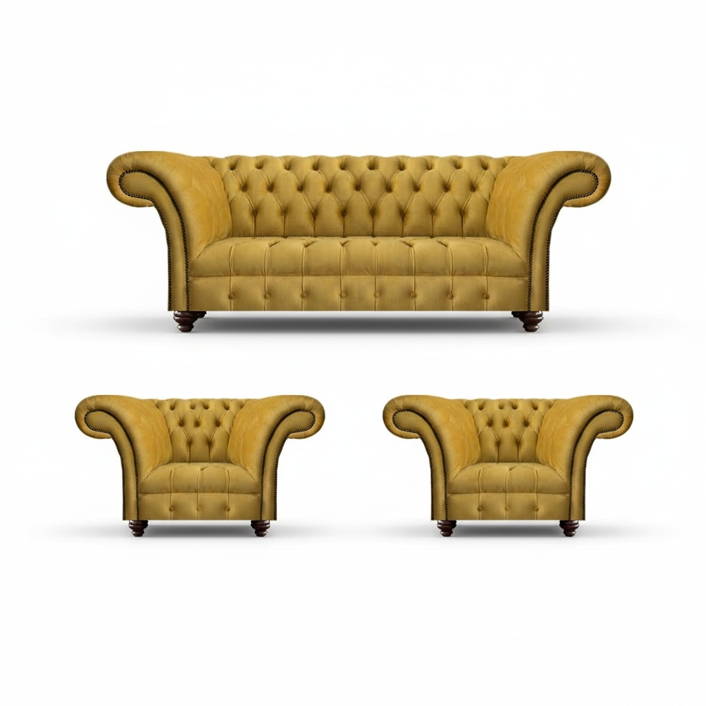 Living room sofa set sofa three-seater couch 2x armchairs upholstered furniture Chesterfield