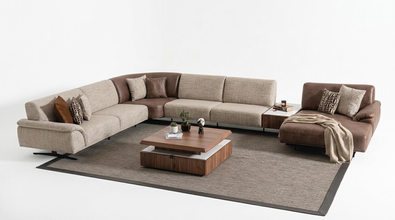 Living area corner sofa set design modern coffee table brown 2pcs