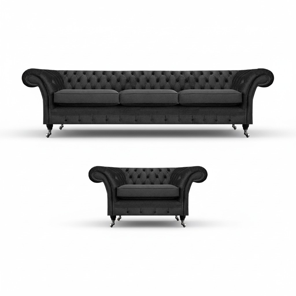 Living room upholstered furniture black three-seater sofa 3+1 armchair Chesterfield