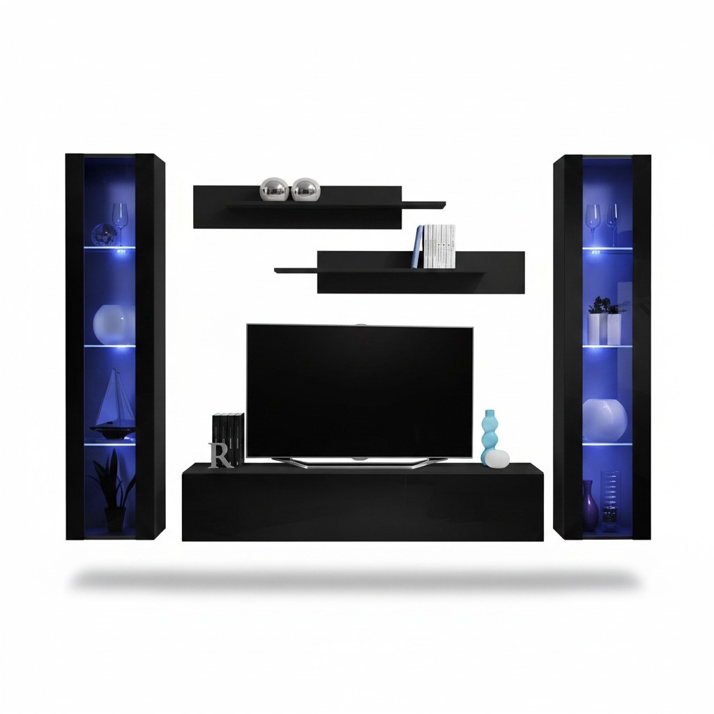 Living Room Wall Unit Lowboard Wood Wall Shelves Design Black Modern Set 5tlg
