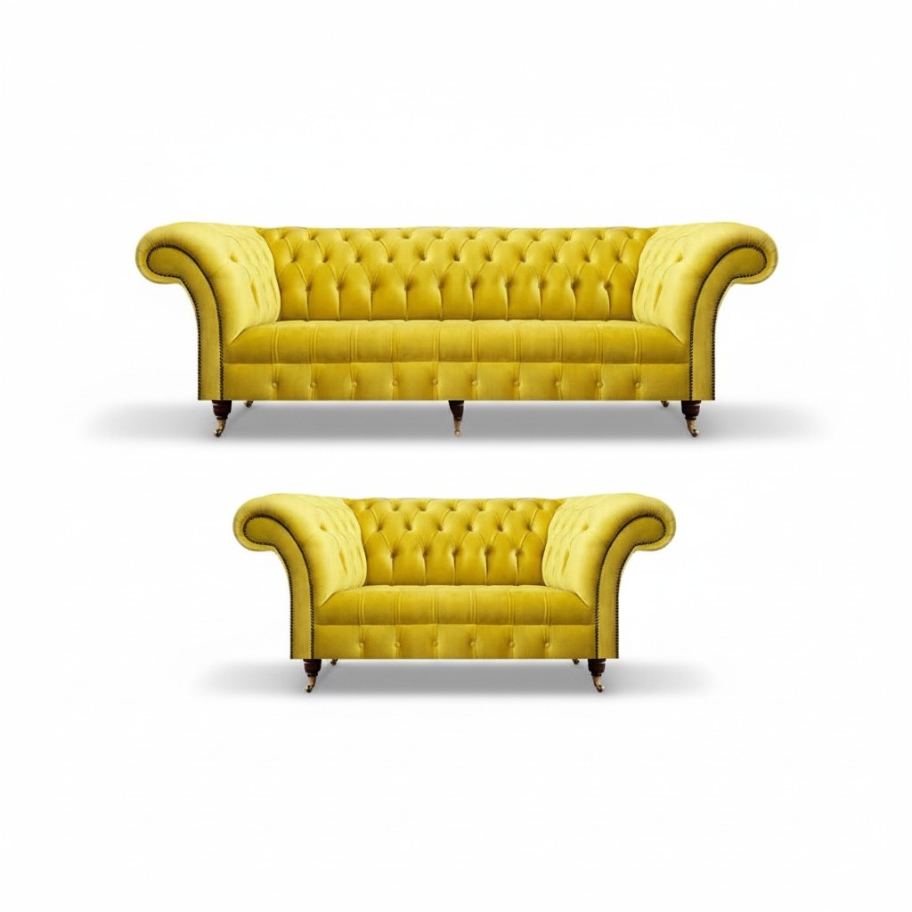 Living room yellow 2x sofas three-seater and two-seater couch textile Chesterfield