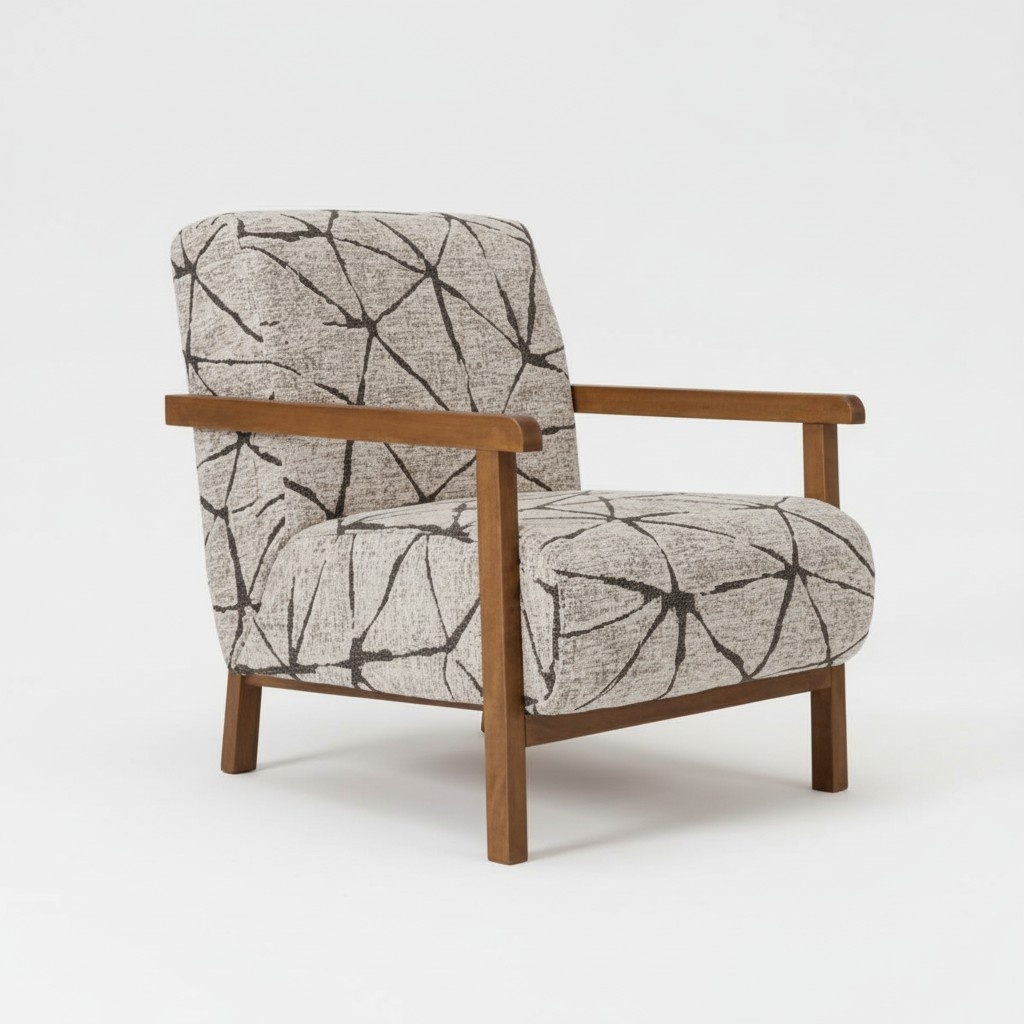 Lounge Chair Wooden Frame Modern Beige Black Pattern Armrest Retro Design