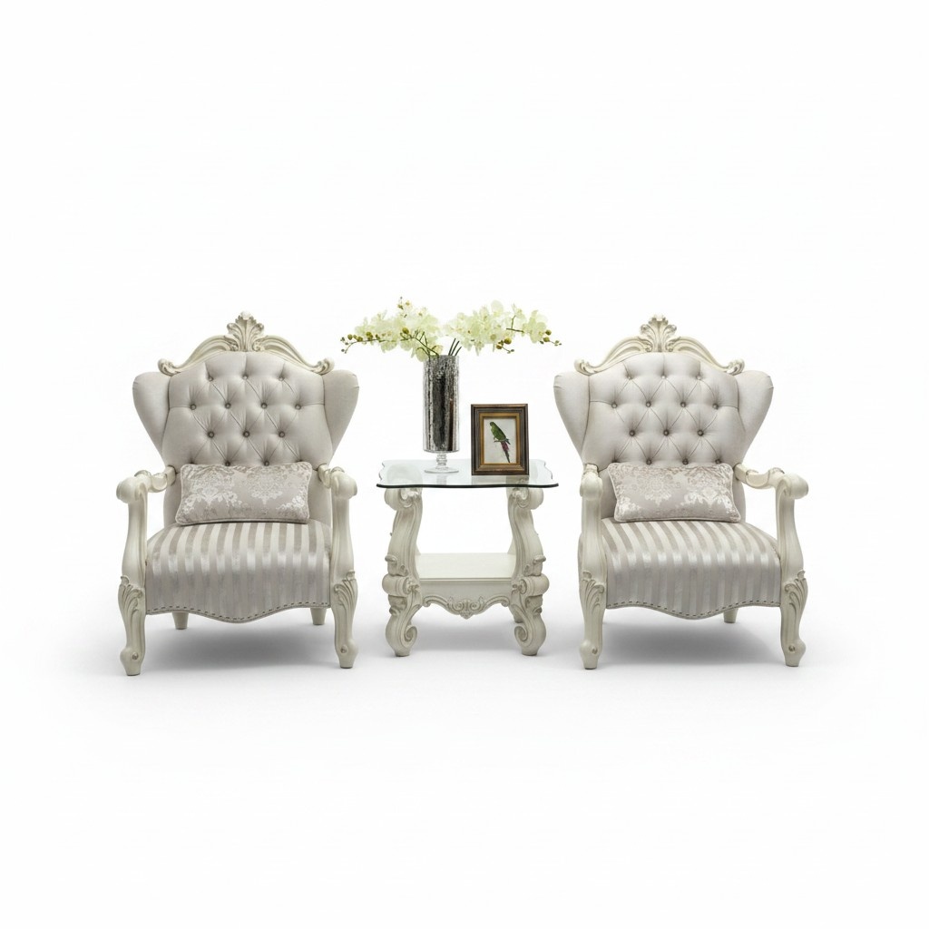 Rococo style made of real wooden living room set of 2x-chesterfield armchairs & side square glass coffee table