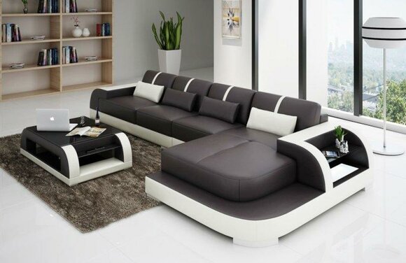 Leather L-shape living area Couch Big XXL sofa upholstered corner set Luby Brown