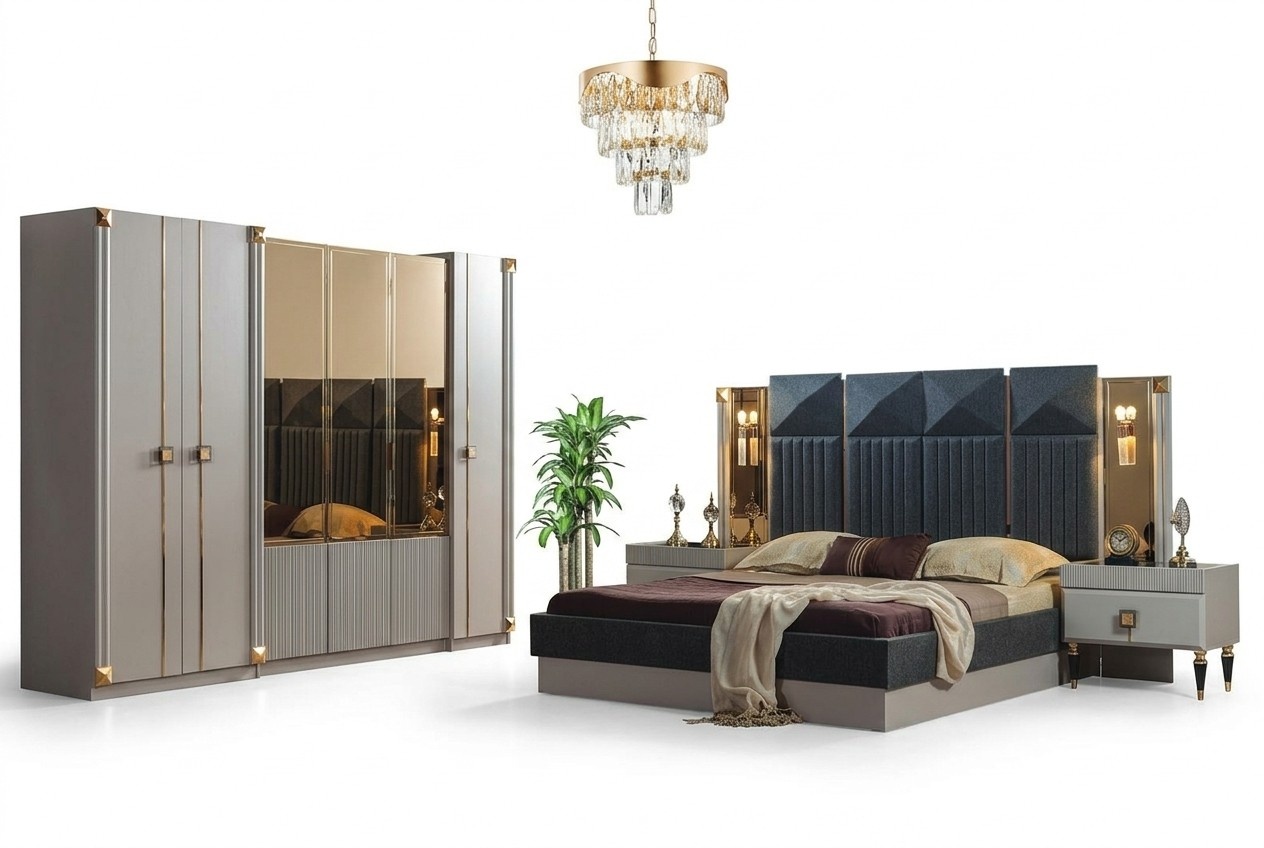 Luxury bedroom furniture upholstered double bed wood bedside tables wardrobe