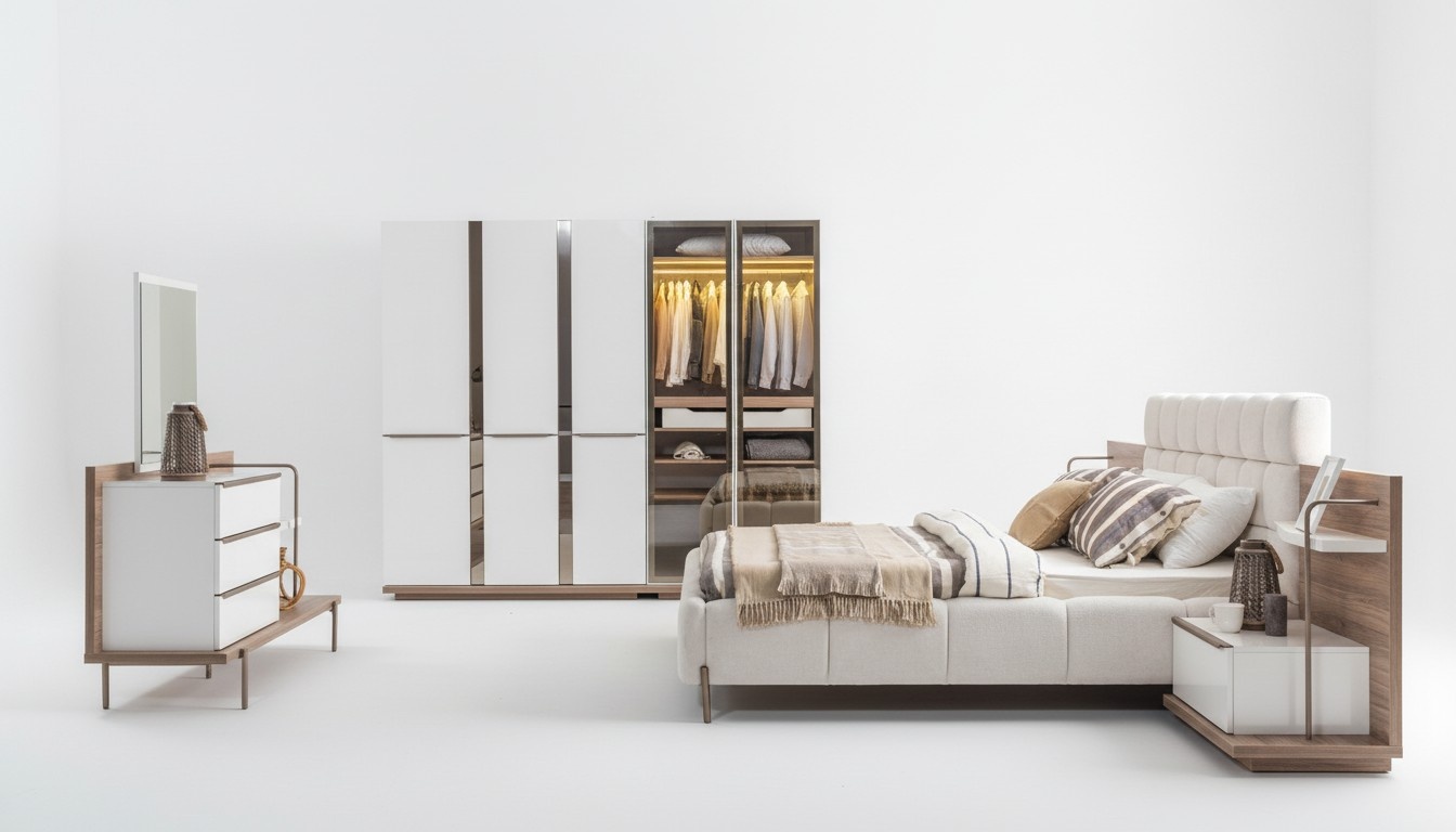 Luxurious bedroom set upholstered bed wardrobe elegant dressing table