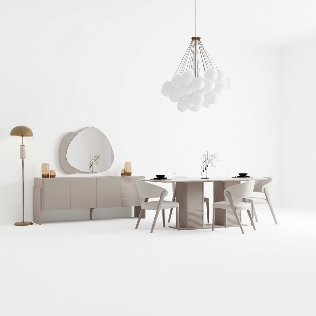 Luxurious beige dining room set, wooden table, 4 upholstered chairs, sideboard, 6 pieces.