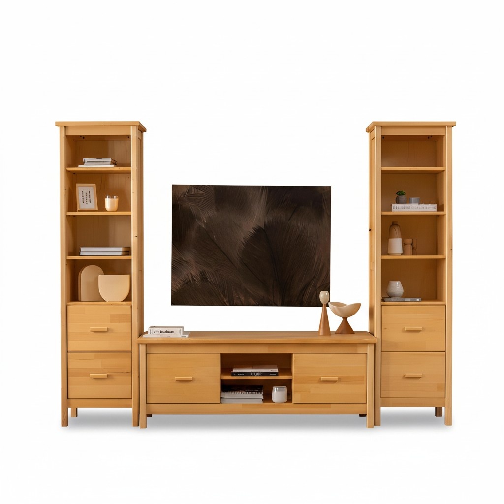Luxurious beige living room set RTV stand 2x wooden display cabinets 3 pieces