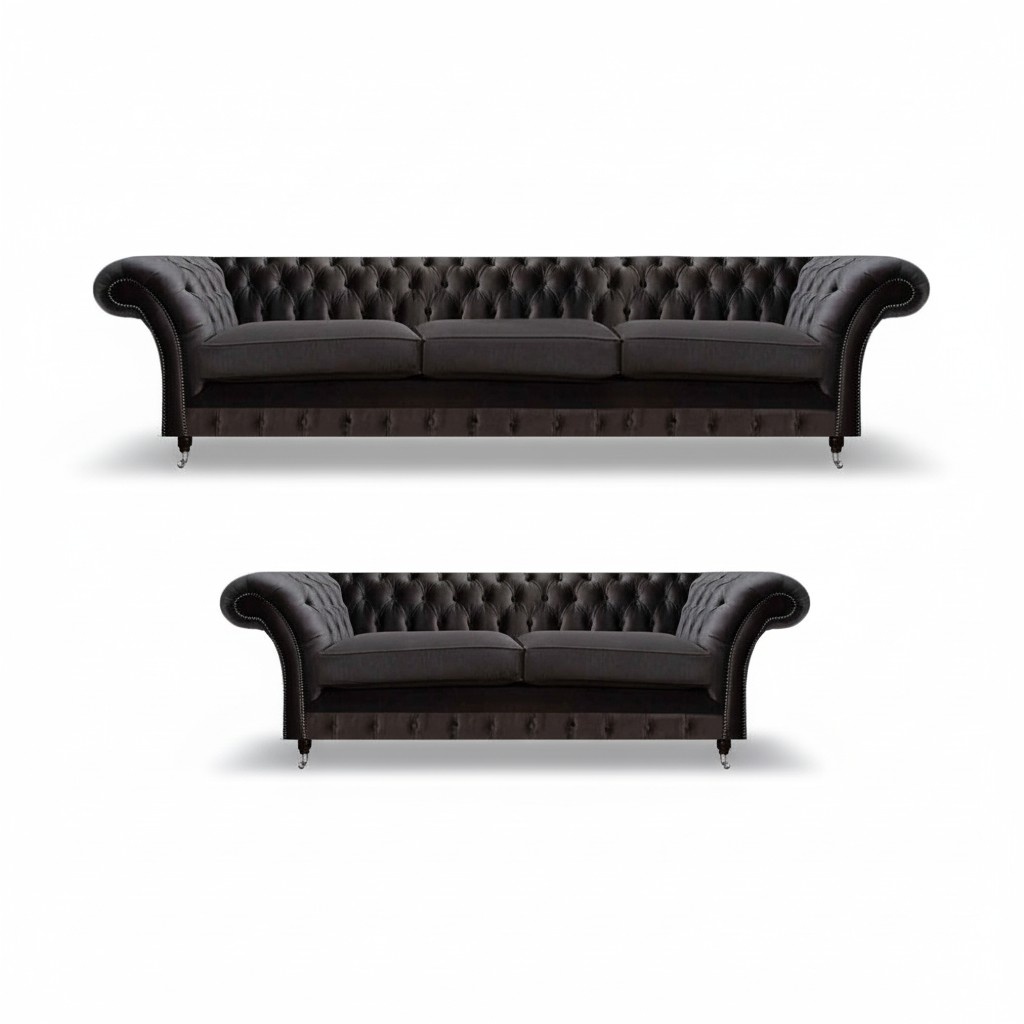 Luxury Black Chesterfield Sofa Set Designer Fabric Three-Seater 2-piece