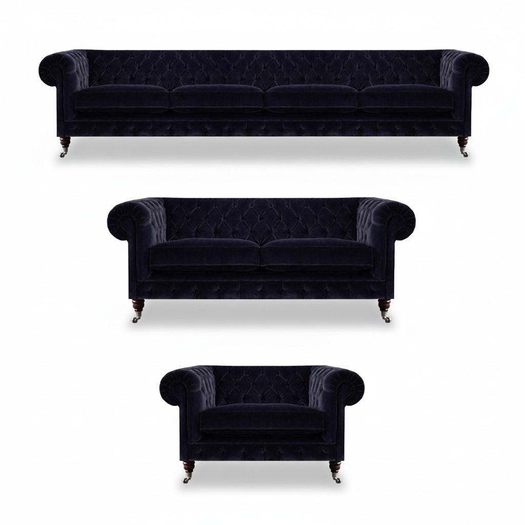 Luxurious Blue Chesterfield Couch Exclusive 4-Seater Upholstered Armchair