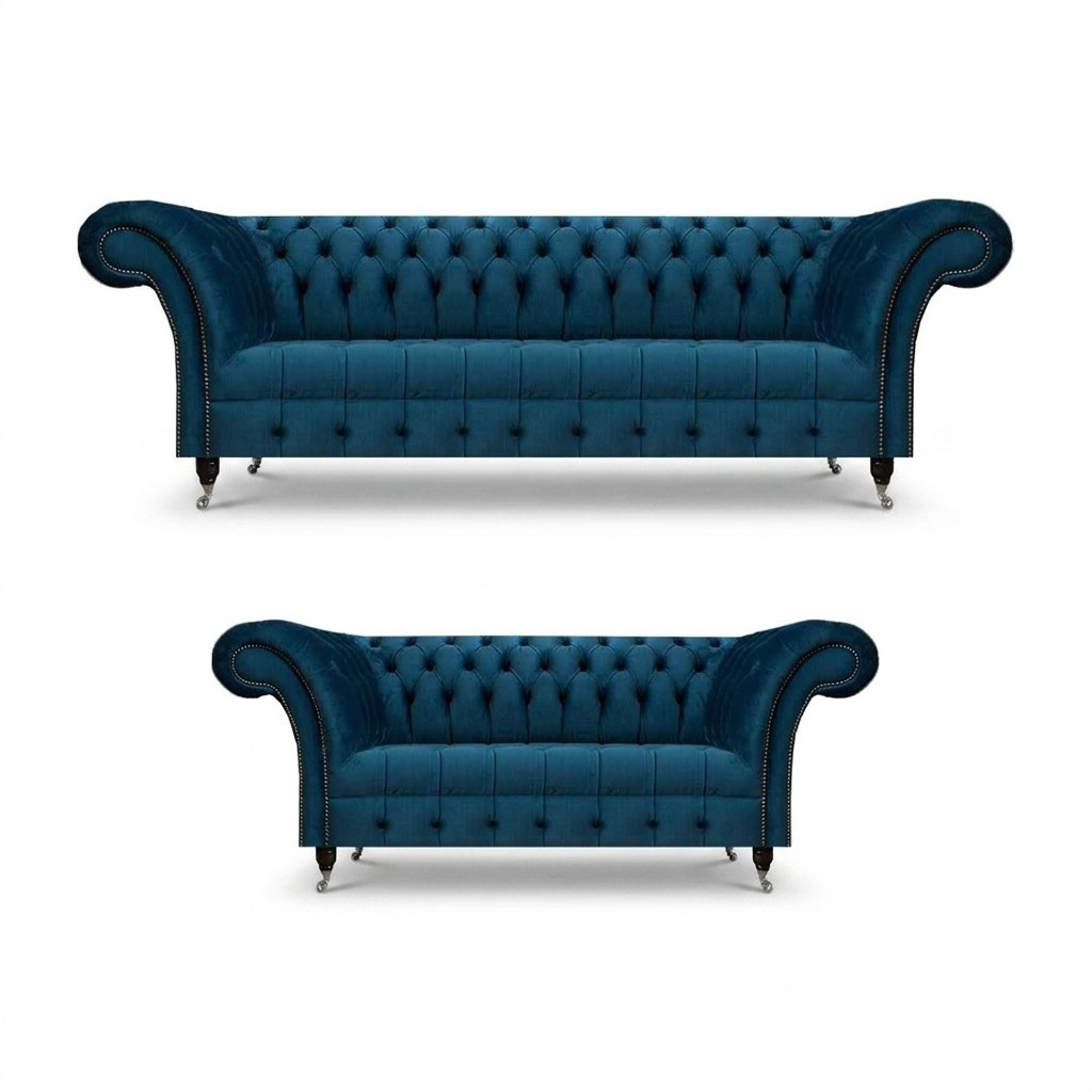 Luxurious Blue Chesterfield Fabric Sofa Set 3-Seater Couch Two-Seater