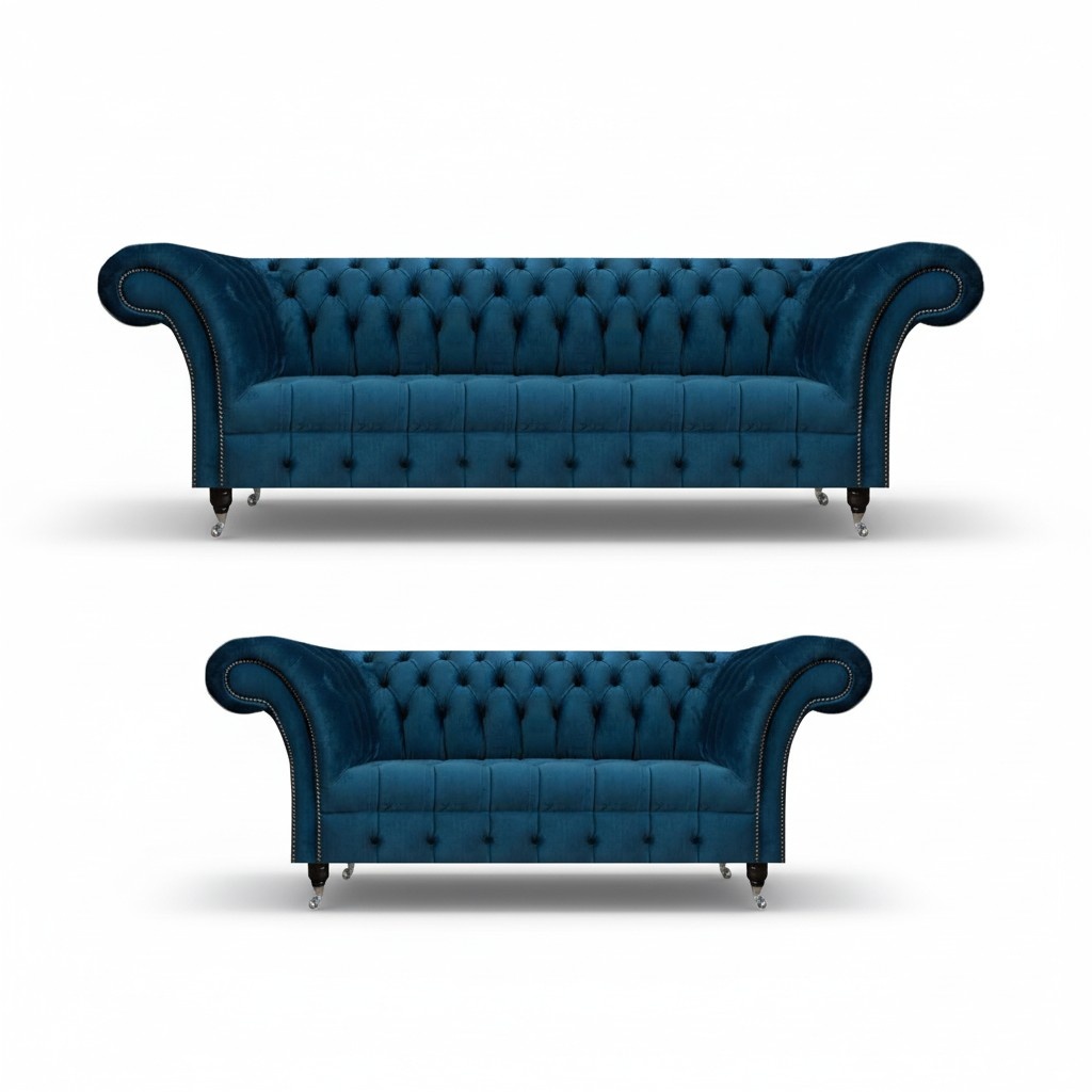 Luxurious Blue Chesterfield Fabric Sofa Set 3-Seater Couch Two-Seater